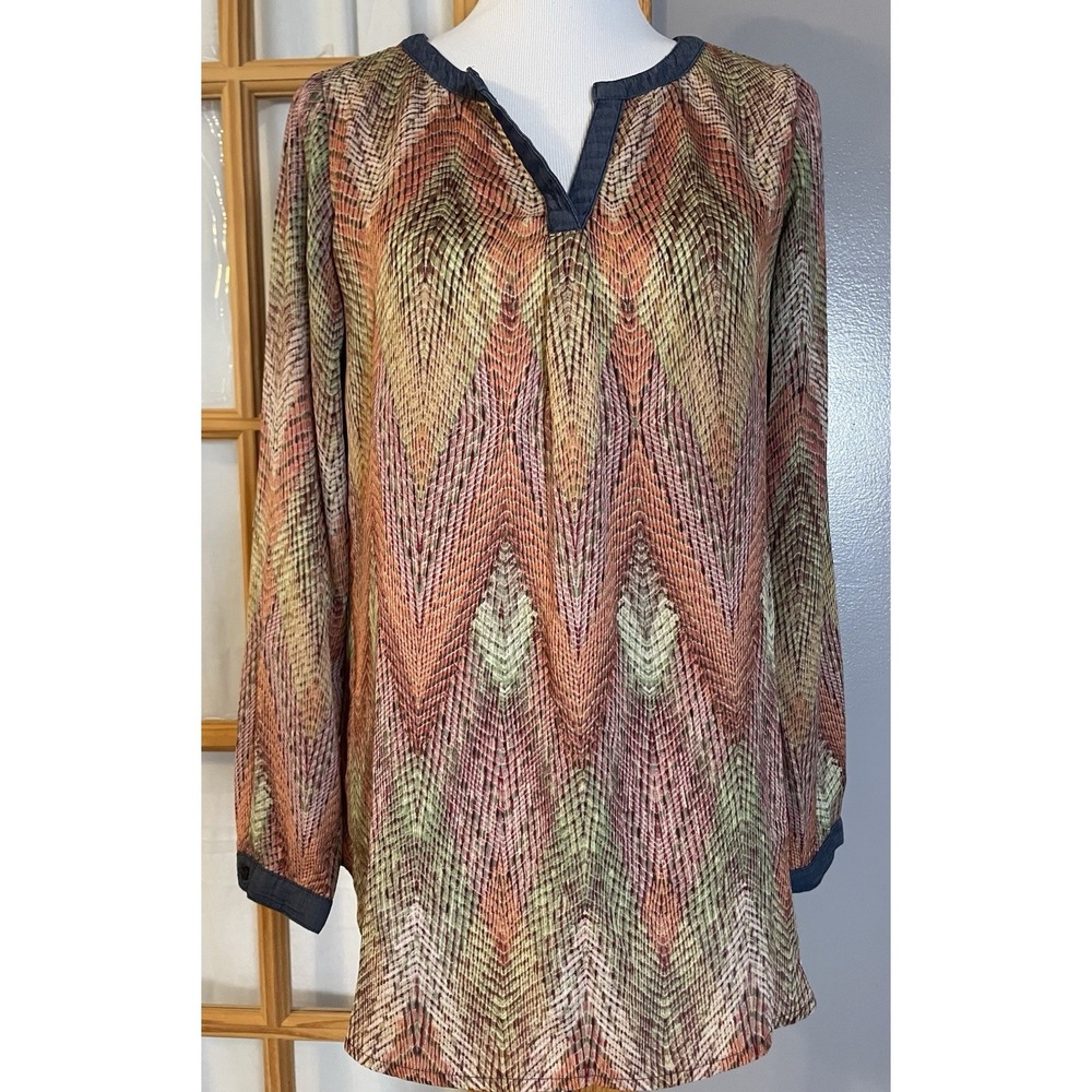 90s Liz Claiborne Zigzag Sheer Blouse Sz M Orange Pink Split Crewneck Casual